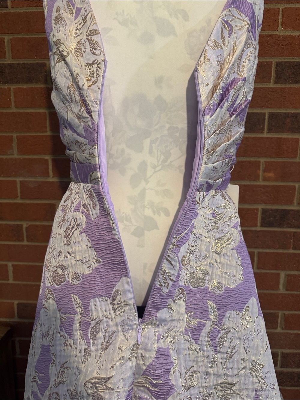 Shirees Lavender, White & Gold Metallic Floral Jacquard Twist-Front A-line Gown - Picture 9 of 10